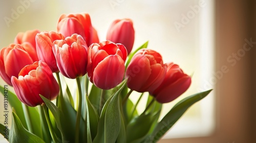 Bright Red Tulips Arranged in a Bouquet on a Table in a Sunny Room During Spring
