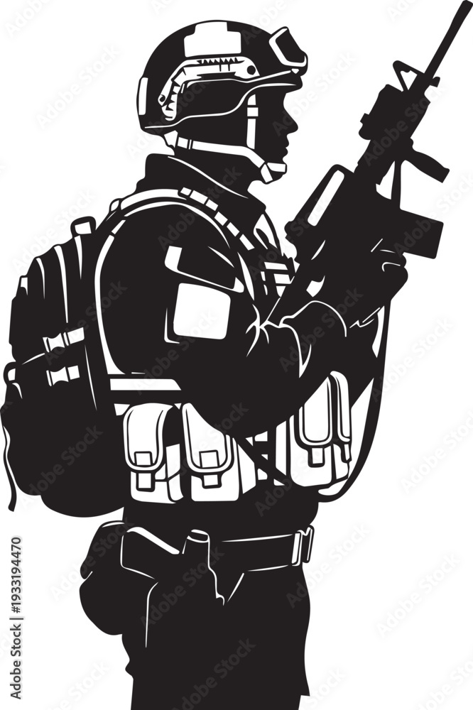 Ταπετσαρία Armed soldier vector silhouette illustration line art military combatant with ta