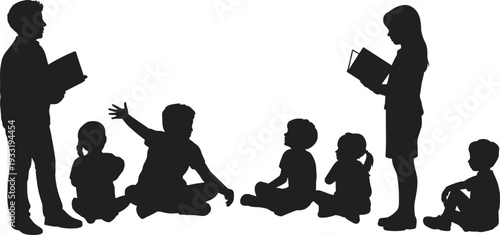 Silhouette illustration of children and adults reading books together, storytelling session, educational activity, learning engagement, classroom interaction, and group study