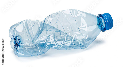 Plastic bottle, crumpled, lying on white background, minimalistic style, copy space