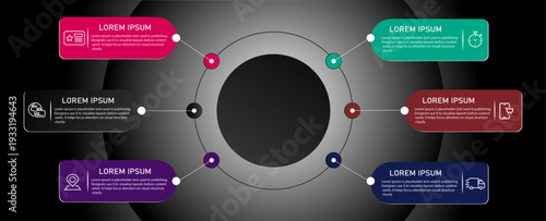Business diagram with 6 circular steps–Modern vector marketing illustration workflow layout, diagram, report, web demo–Business concept connected steps, timeline infographic design element with icon