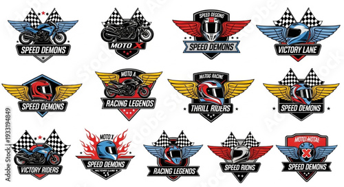 Motorcycle Racing Badges Collection with Wings and Checkered Flags.