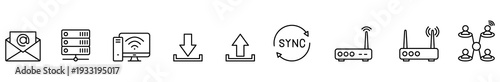 Email server wifi computer download upload sync router icon set showing data transfer, wireless network device, cloud connection, user group, minimal line design on white background
