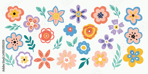 A colorful assortment of stylized floral illustrations on a pale background