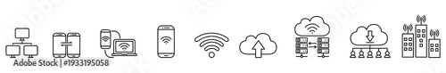 Technology icon computer server laptop smartphone wireless cloud line art set showing network, data center, upload, download, device connection, smart building signal on white background