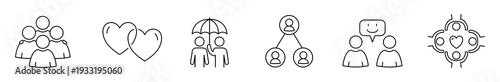 Team love couple family communication connection relationship support line icon set social network symbol heart umbrella protection hierarchy chart chat collaboration black outline on white