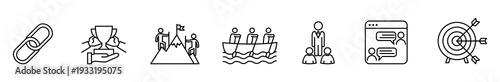 Icon link award achievement teamwork communication target strategy outline line icon set for business project, featuring chain, trophy, summit flag, rowing team, chat window, and bullseye goal