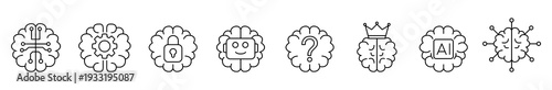 Artificial intelligence brain icon outline technology neural network automation security line symbol set showing gear, lock, robot, question, crown, analytics, connection for web UI