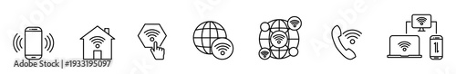 Wifi wireless network internet router smartphone home globe telephone laptop icon set with outline symbols for connection, signal, communication, modem, battery and worldwide web use