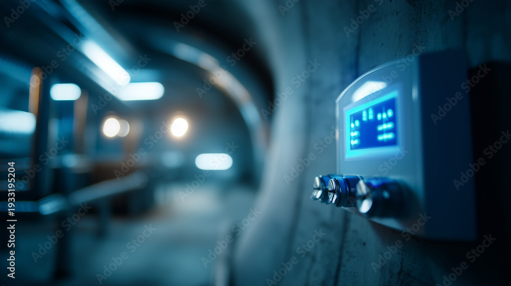 Fototapeta premium Close-up of a glowing digital ventilation control panel on a curved concrete wall, High-Tech Life Support, blue LED interface (no text), sterile air flow, sharp focus on the touch