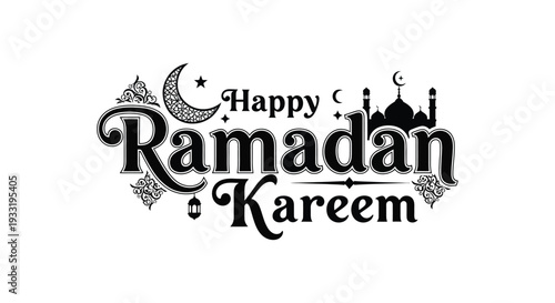 A decorative happy ramadan kareem greeting with a crescent moon and mosque silhouette high quality professional detailed modern