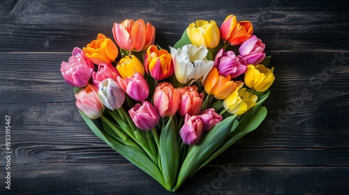 Colorful Tulips Arranged in Heart Shape on a Wooden Surface for Decoration or...