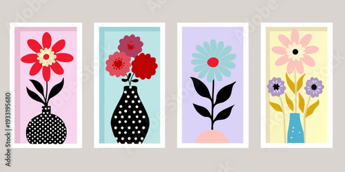 Four framed floral illustrations with varying colors and polka dot vases