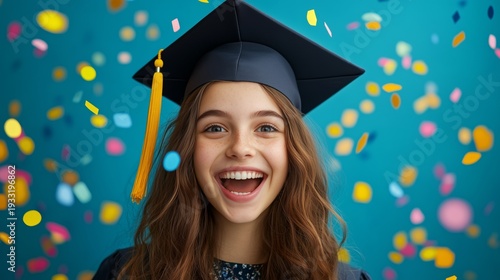 Young Woman Celebrates Graduation With Blue Background and Cap