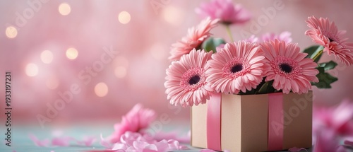 Colorful Flowers on a Gift Box With a Pink Background in a Bright Setting