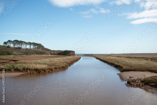 Budleigh Salterton estuary near the nature reserve and wetlands. Nature conservation. Water birds and wildlife. 