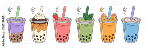 Colorful bubble tea drinks with straws