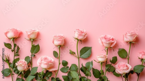 Pink Roses Arranged on a Light Pink Background With Leaves Scattered Around Them