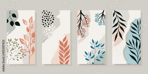 Abstract botanical illustrations in vertical panels with varied designs