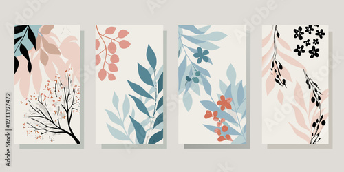 Abstract botanical wall art featuring stylized leaves and floral designs