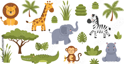 Cute Safari Animals Collection with Lion Giraffe Elephant Zebra Monkey Crocodile and Jungle Plants Vector Set