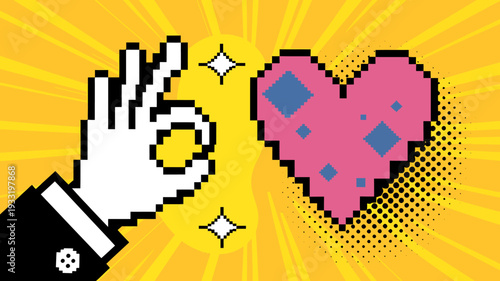 Pixel art heart and hand gesture on yellow background with sparkles