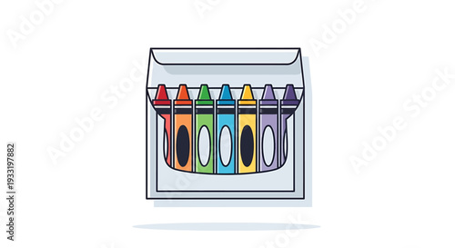 Colorful Crayons in Box Display Bright Primary Hues for Drawing. Vector Icon. EPS Editable