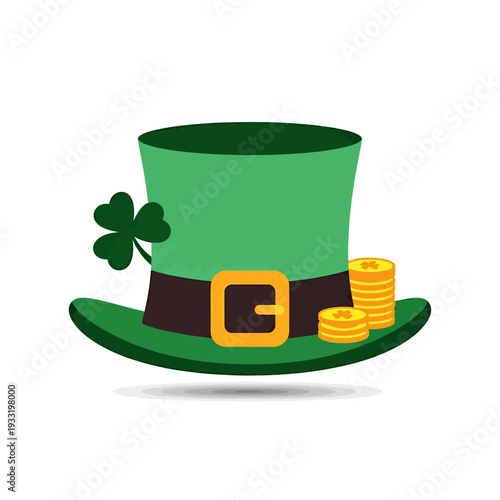 Festive Leprechaun Hat with Shamrock and Coins. Vector Icon. EPS Editable