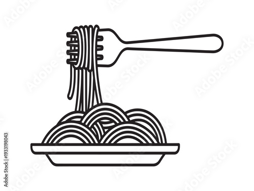 A simple line drawing of a plate of spaghetti with a fork