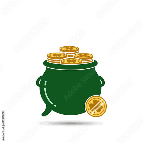 Green Pot Of Gold With Shimmering Coins. Vector Icon. EPS Editable
