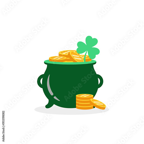 Green Pot of Gold with Shamrock Clover Lucky Treasure Illustration. Vector Icon. EPS Editable