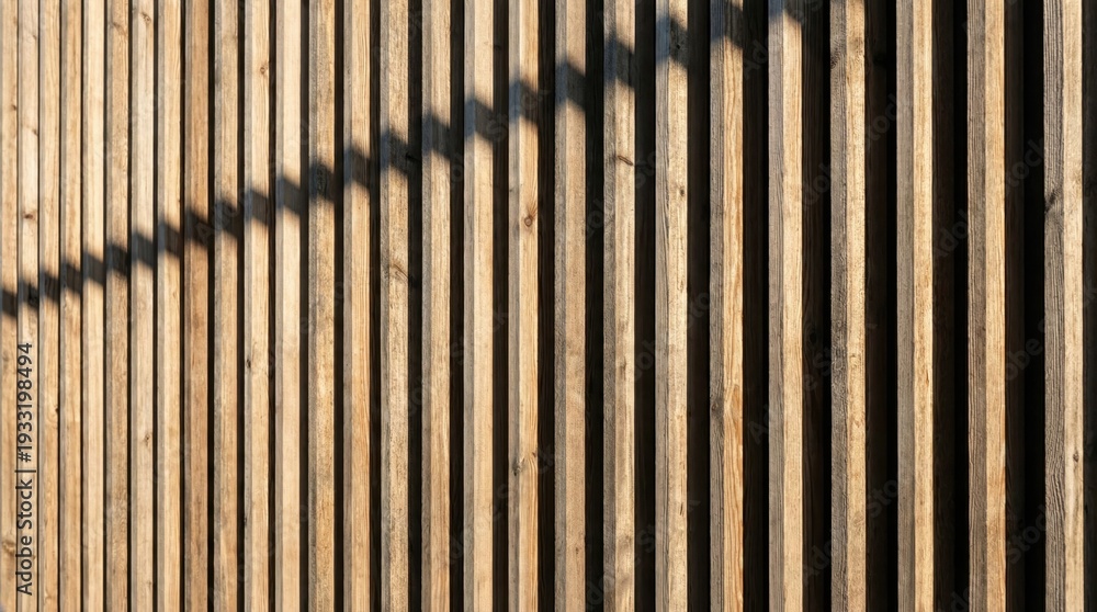 Obraz premium Close-up vertical wooden fence planks texture background with natural grain and warm sunlight shadows minimalist design