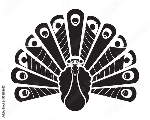 Black and white peacock silhouette with spread tail feathers standing alone