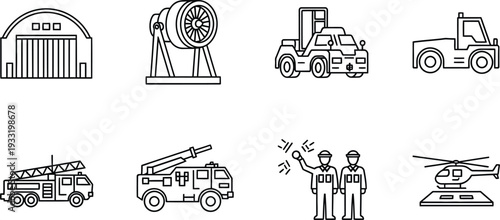 Set of airport ground support and emergency service line icons featuring industrial vehicles and aviation elements for web and mobile applications