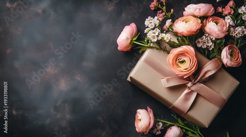 Gift Box With Pink Flowers Arranged on a Dark Background