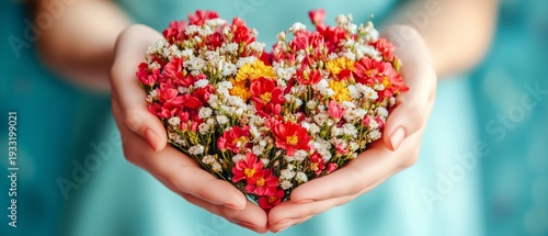 Colorful Flowers Arranged in the Shape of a Heart Held in Hands on a Light Bl...