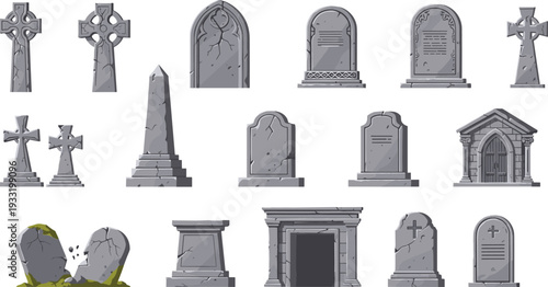 Gravestone and Tombstone Vector Set with Cross Headstones Mausoleum and Cemetery Elements for Halloween Design