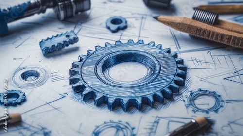 Working With Gear Drawings and Tools on a Workspace Surface