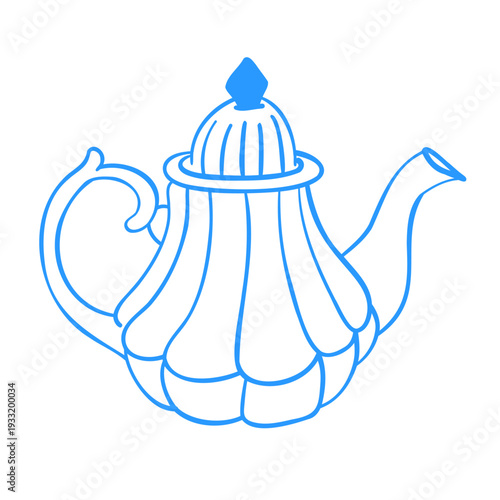 Vector hand-drawn linear drawing of a vintage teapot. Sketch illustration of tableware in Mediterranean blue and retro style.