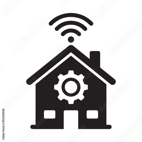 Innovative Smart Home Automation Icon Featuring a Connected House with Wi-Fi Signals and Gear Mechanism for Intelligent Residential Technology Management.