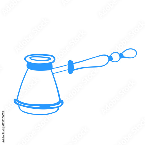 Vector hand-drawn linear drawing of an iron jezve for making Turkish coffee on coals. Sketch illustration in Mediterranean blue line retro style.