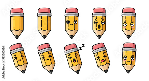 Playful Cartoon Pencil Emojis in Row with Expressions. Vector Icon. EPS Editable