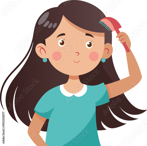 A girl combing her hair isolated on transparent background