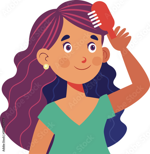 A girl combing her hair isolated on transparent background