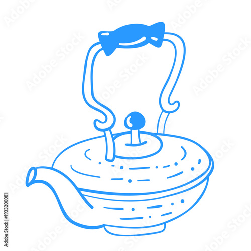 Vector hand-drawn linear drawing of a Chinese tea pot. Sketch illustration of tableware in Mediterranean blue and retro style.