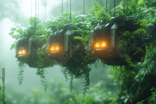 Hanging lights illuminate a lush forest filled with plants.