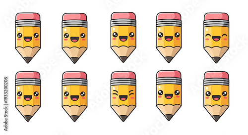 Row of cartoon pencils with smiling faces and pink erasers. Vector Icon. EPS Editable