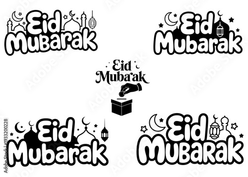 Eid Mubarak typography zakat donation icons set and Eid Mubarak text