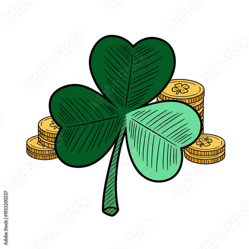 Shamrock and Gold Coins Symbolizing Luck and Wealth. Vector Icon. EPS Editable