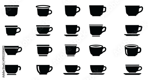 Collection of various coffee cups and mugs arranged in a grid pattern on a plain white background from a direct viewpoint